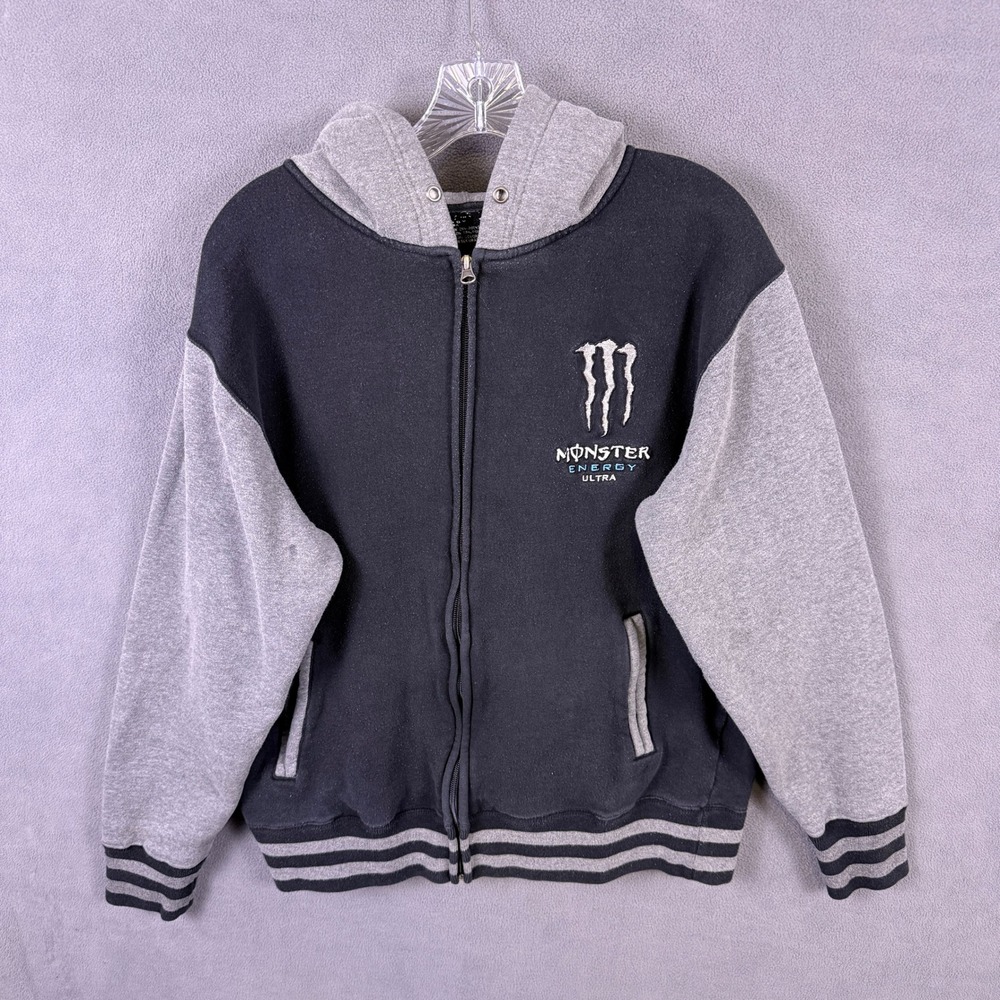 VTG Y2K Monster Energy Ultra Hoodie Mens L Black Gray Full Zip Sweatshirt Moto